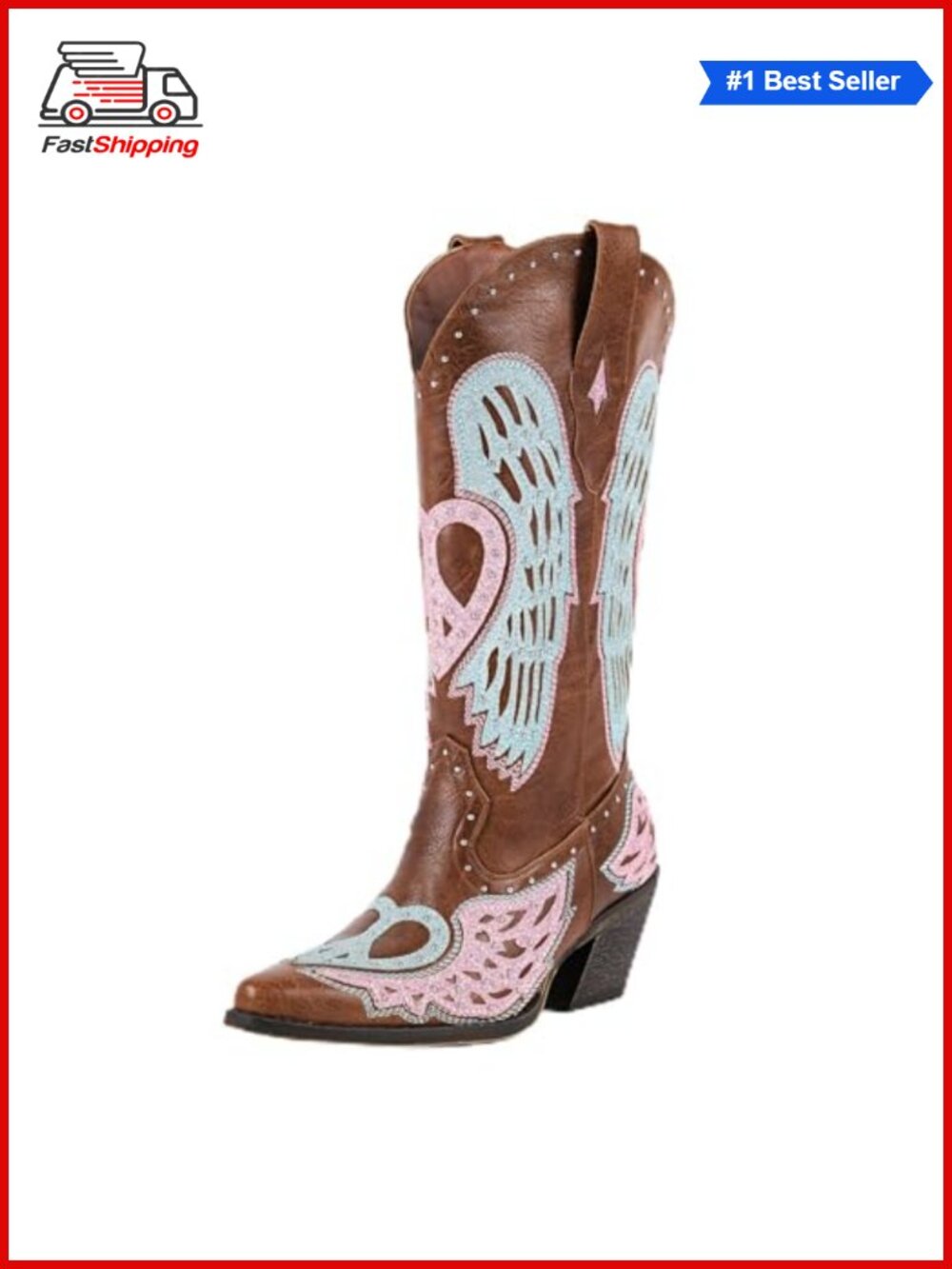✨ Women's Western Cowgirl Boots Embroidery Angel Wings Mid Calf Pointed Toe